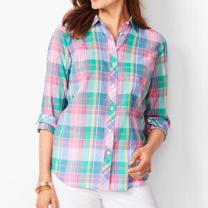 Talbots Plus 2X Classic Cotton Button Up Shirt Pink Teal Madras Plaid Cotton
